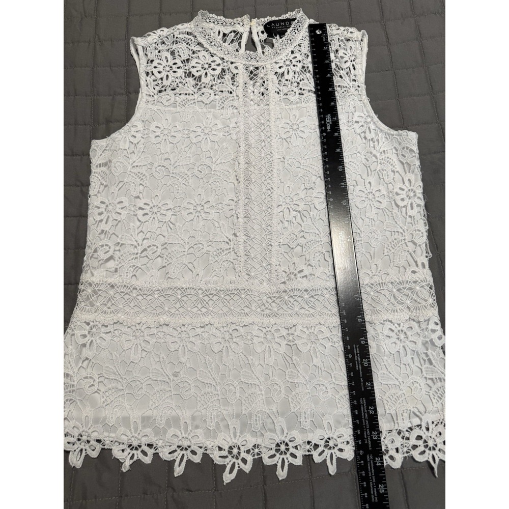 LAUNDRY Women White Lace Overlay Blouse Top Shirt Sz S floral crochet high neck - Picture 7 of 7